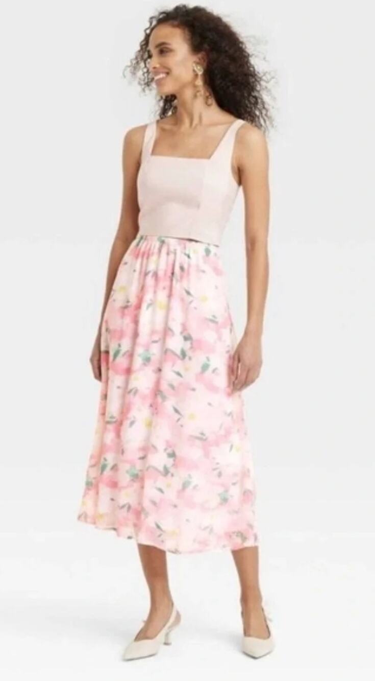 A New Day Women's A Line Floral Pink Midi Skirt - NWOT M